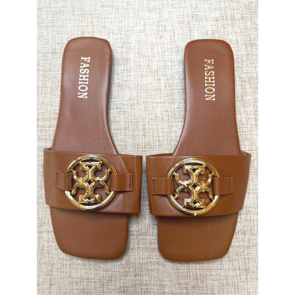 Fashion Women Brown Square Toe Flat Slide Sandals Gold Medallion Size 8.5-9